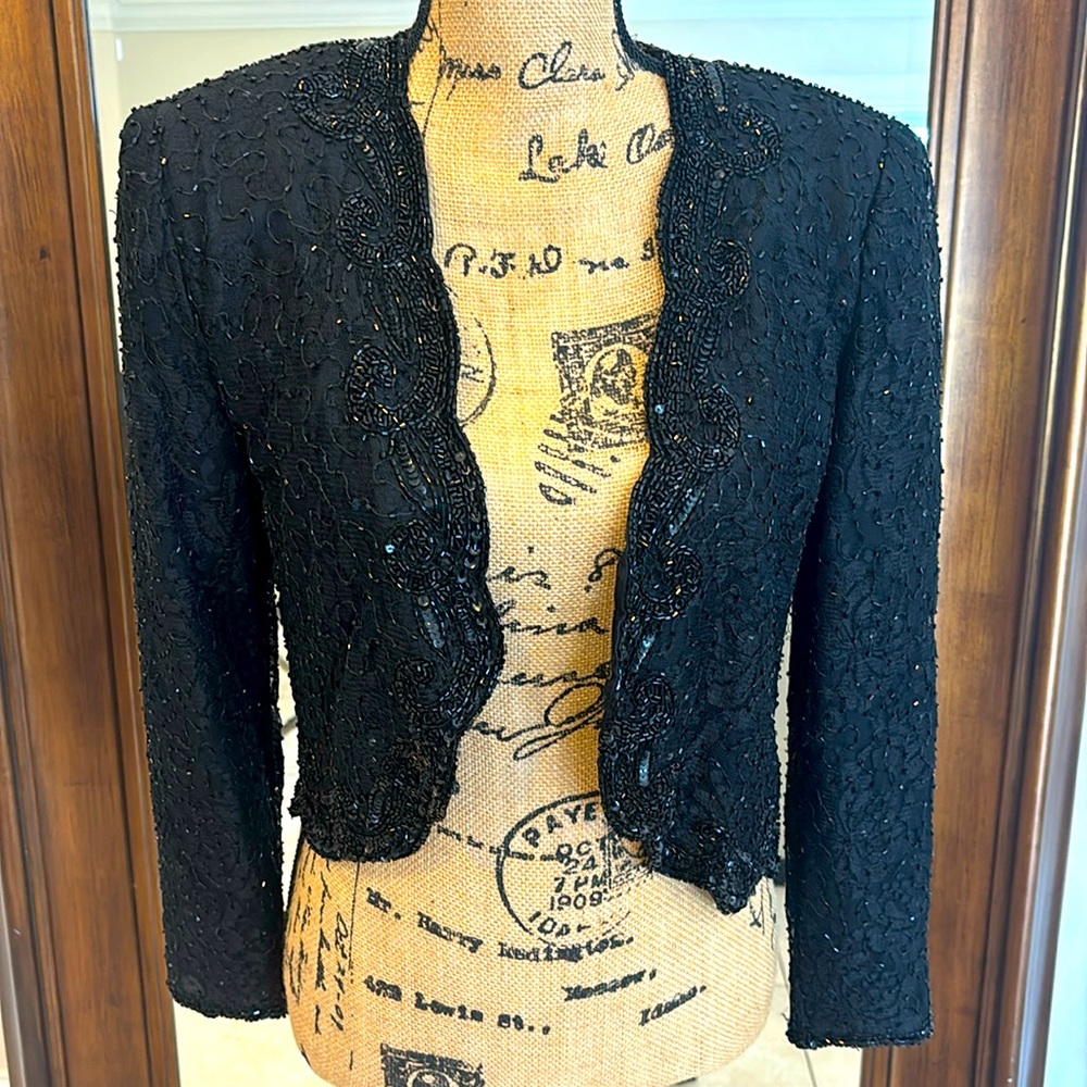 Vintage BRILLIANTE By JA Black Beaded cropped jacket Size Small